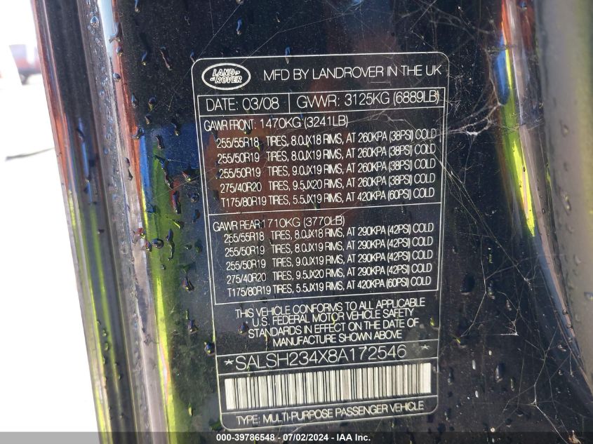 2008 Land Rover Range Rover Sport Supercharged VIN: SALSH234X8A172546 Lot: 39786548