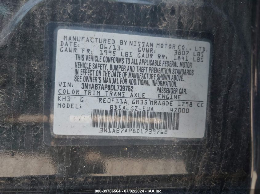 2013 Nissan Sentra Sl VIN: 3N1AB7AP8DL739762 Lot: 39786564