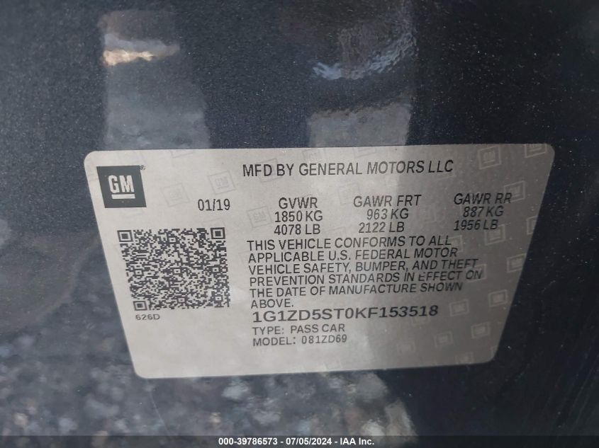2019 Chevrolet Malibu Lt VIN: 1G1ZD5ST0KF153518 Lot: 39786573