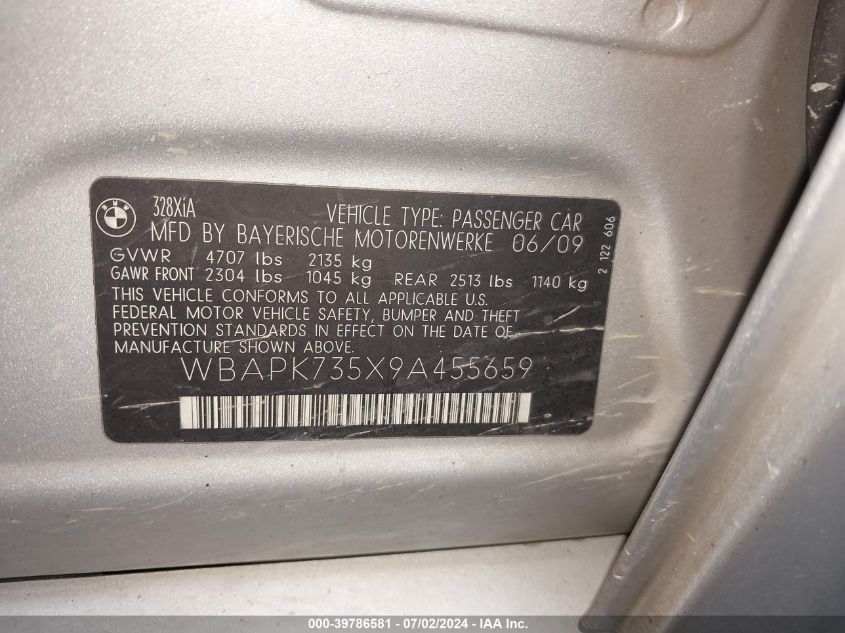 2009 BMW 328I xDrive VIN: WBAPK735X9A455659 Lot: 39786581