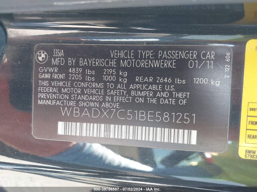 2011 BMW 335 I VIN: WBADX7C51BE581251 Lot: 39786587