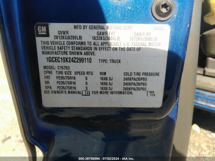 2004 Chevrolet Silverado 1500 Work Truck VIN: 1GCEC19X24Z299110 Lot: 39786594