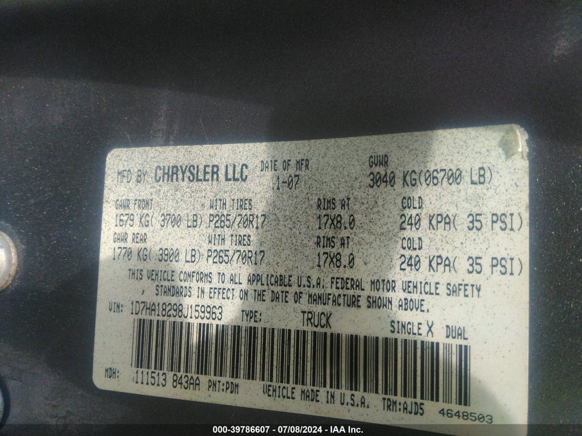 2008 Dodge Ram 1500 Slt VIN: 1D7HA18298J159963 Lot: 39786607