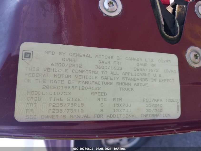 1993 Chevrolet Gmt-400 C1500 VIN: 2GCEC19K5P1204122 Lot: 39786622