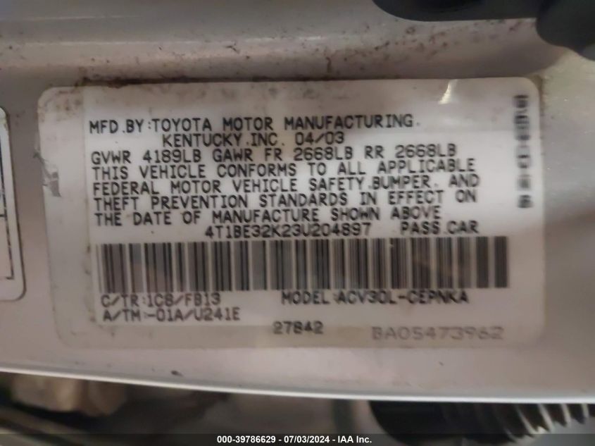 2003 Toyota Camry Le VIN: 4T1BE32K23U204897 Lot: 39786629