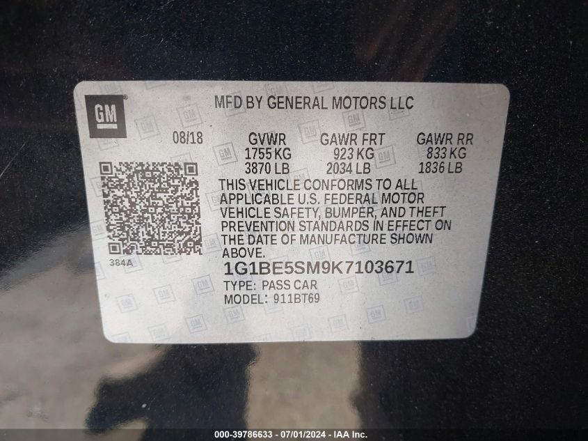 2019 Chevrolet Cruze Lt VIN: 1G1BE5SM9K7103671 Lot: 39786633