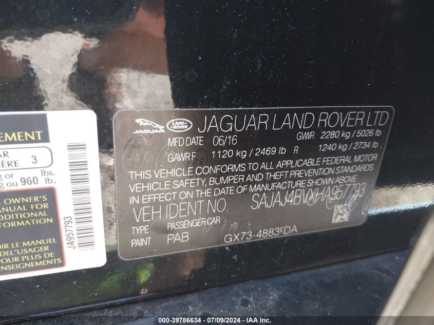 2017 Jaguar Xe 35T Premium VIN: SAJAJ4BVXHA957793 Lot: 39786634