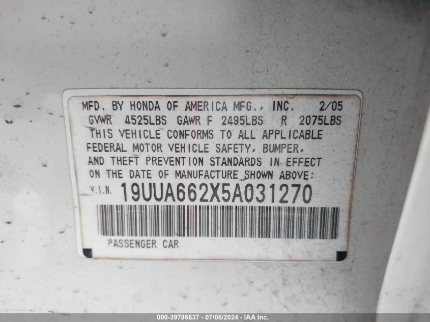 2005 Acura Tl VIN: 19UUA662X5A031270 Lot: 39786637