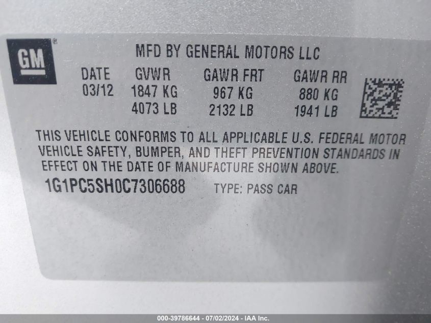 2012 Chevrolet Cruze Ls VIN: 1G1PC5SH0C7306688 Lot: 39786644