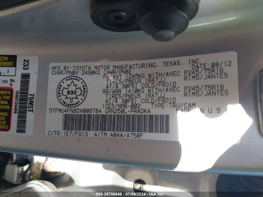 5TFMU4FN8DX009784 2013 Toyota Tacoma Base V6