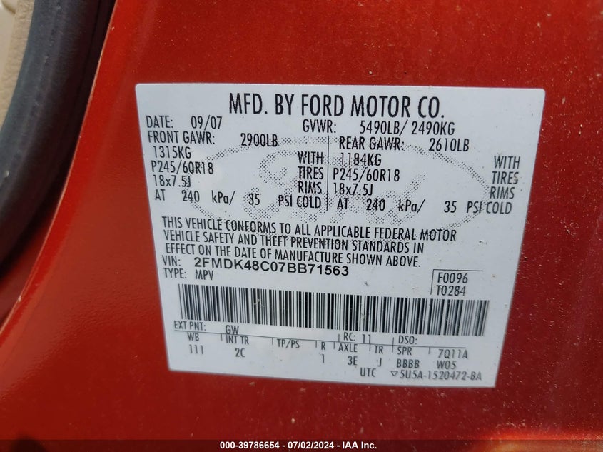 2007 Ford Edge Sel VIN: 2FMDK48C07BB71563 Lot: 39786654