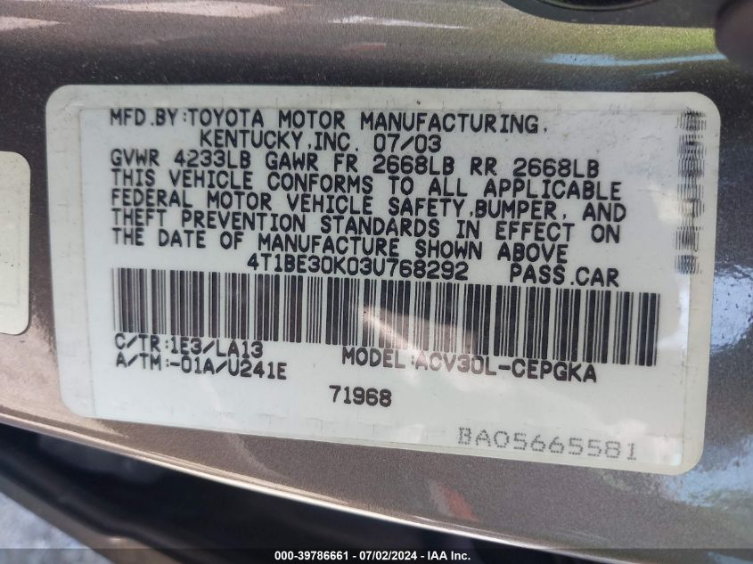 2003 Toyota Camry Xle VIN: 4T1BE30K03U768292 Lot: 39786661