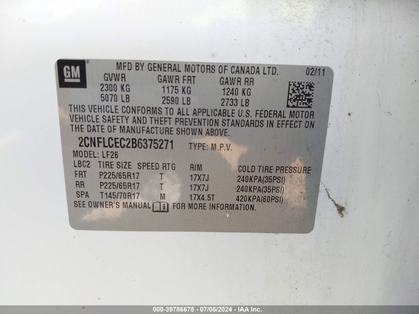 2011 Chevrolet Equinox Ls VIN: 2CNFLCEC2B6375271 Lot: 39786678