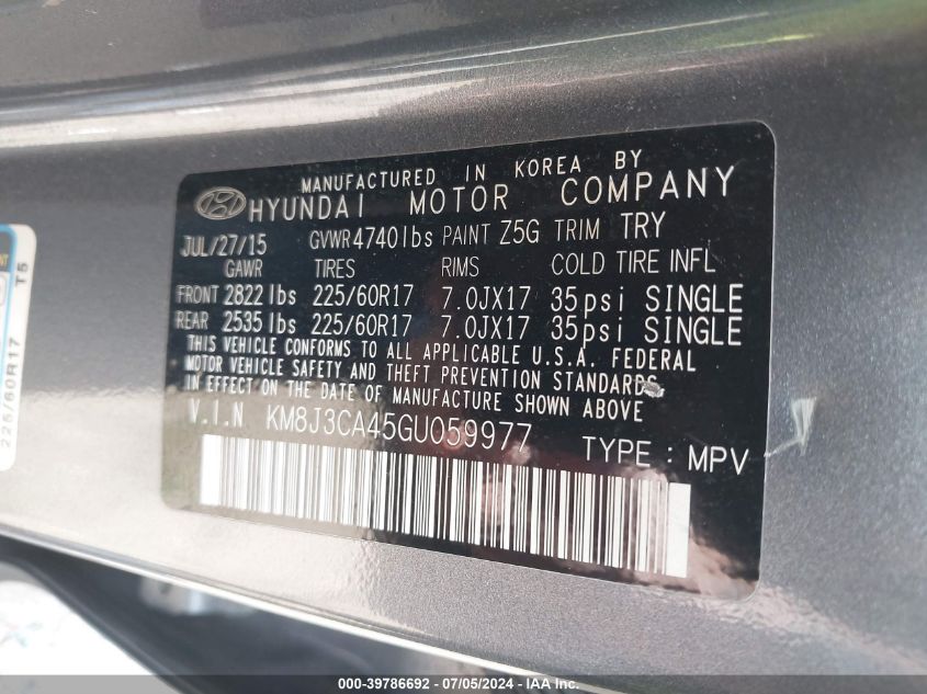 2016 Hyundai Tucson Se VIN: KM8J3CA45GU059977 Lot: 39786692