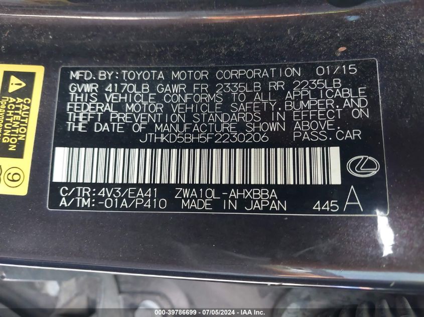 2015 Lexus Ct 200H VIN: JTHKD5BH5F2230206 Lot: 39786699