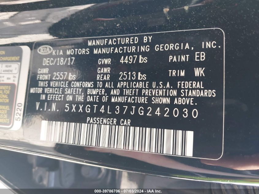 2018 Kia Optima Lx/S VIN: 5XXGT4L37JG242030 Lot: 39786706