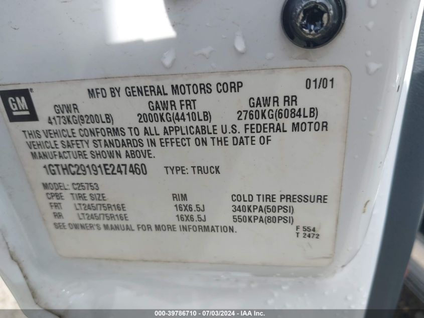 2001 GMC Sierra 2500Hd Sle VIN: 1GTHC29191E247460 Lot: 39786710