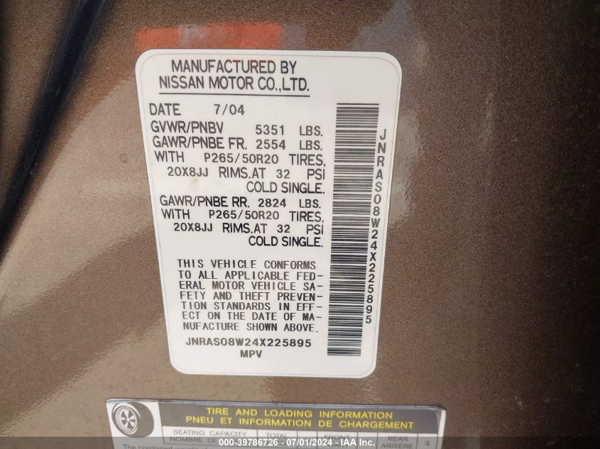 2004 Infiniti Fx35 VIN: JNRAS08W24X225895 Lot: 39786726