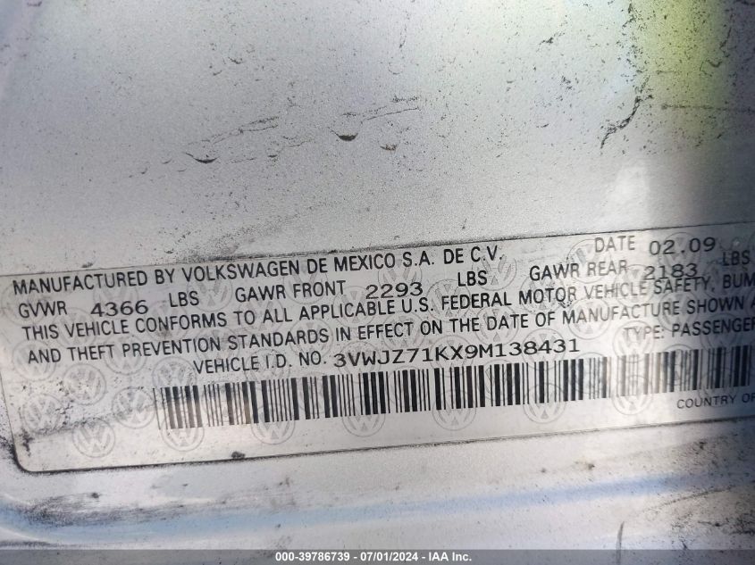 2009 Volkswagen Jetta S VIN: 3VWJZ71KX9M138431 Lot: 39786739