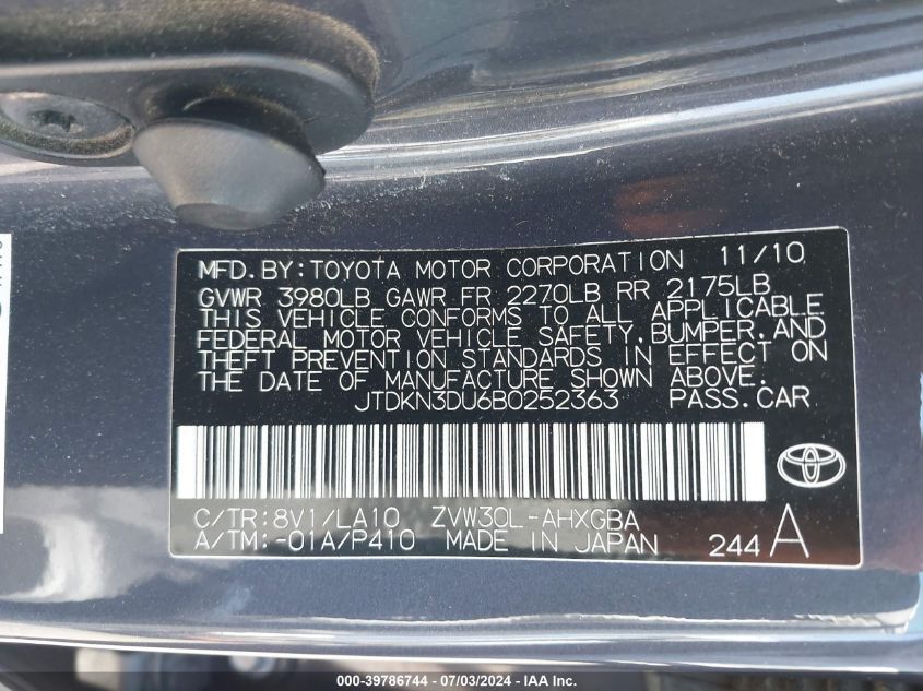 2011 Toyota Prius Four VIN: JTDKN3DU6B0252363 Lot: 39786744