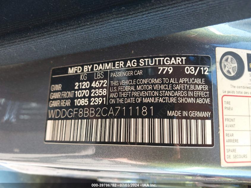 2012 Mercedes-Benz C 300 VIN: WDDGF8BB2CA711181 Lot: 39786752