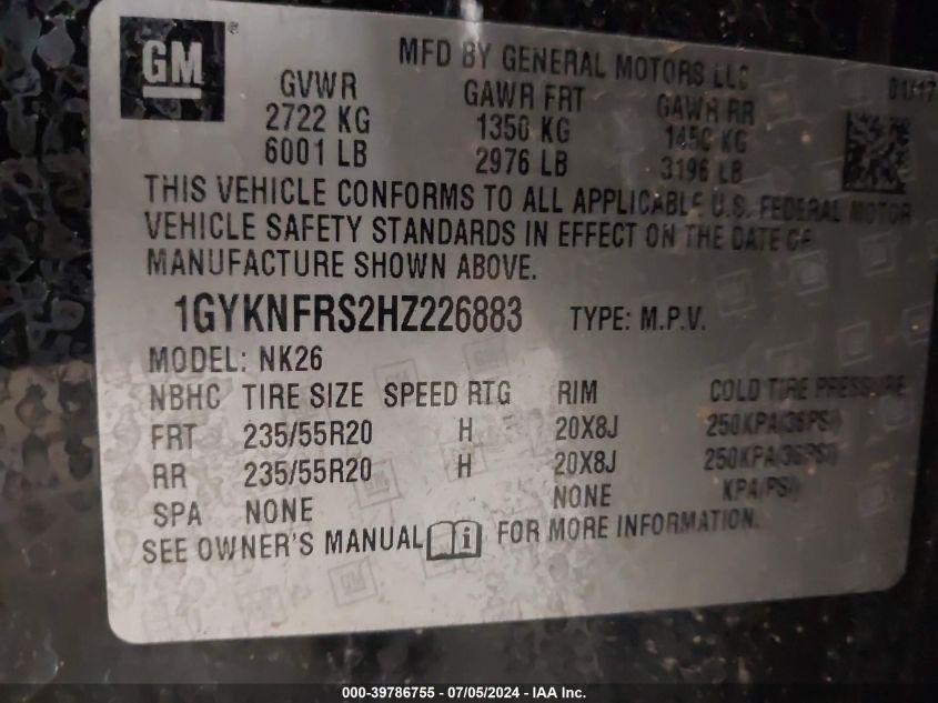 VIN 1GYKNFRS2HZ226883 2017 CADILLAC XT5 no.9