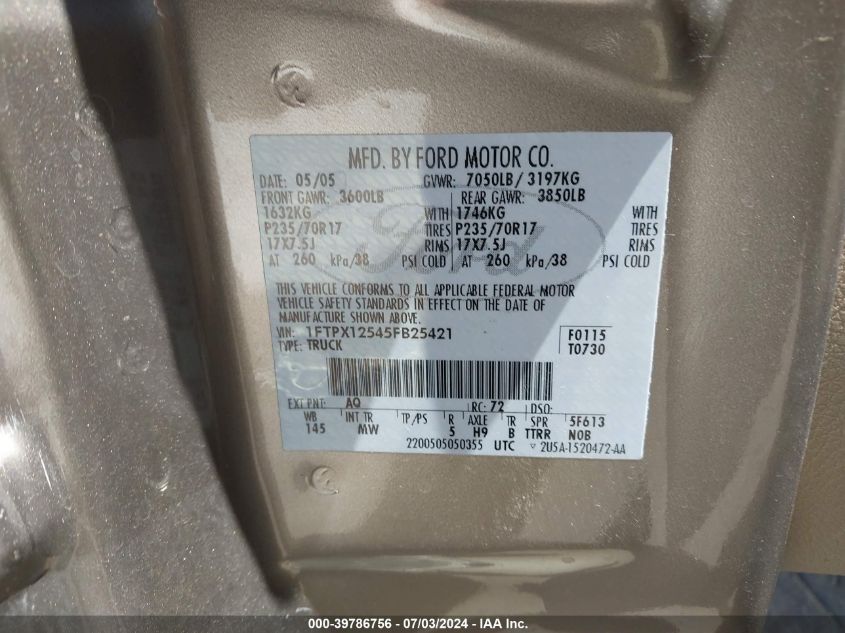 2005 Ford F-150 Lariat/Xl/Xlt VIN: 1FTPX12545FB25421 Lot: 39786756