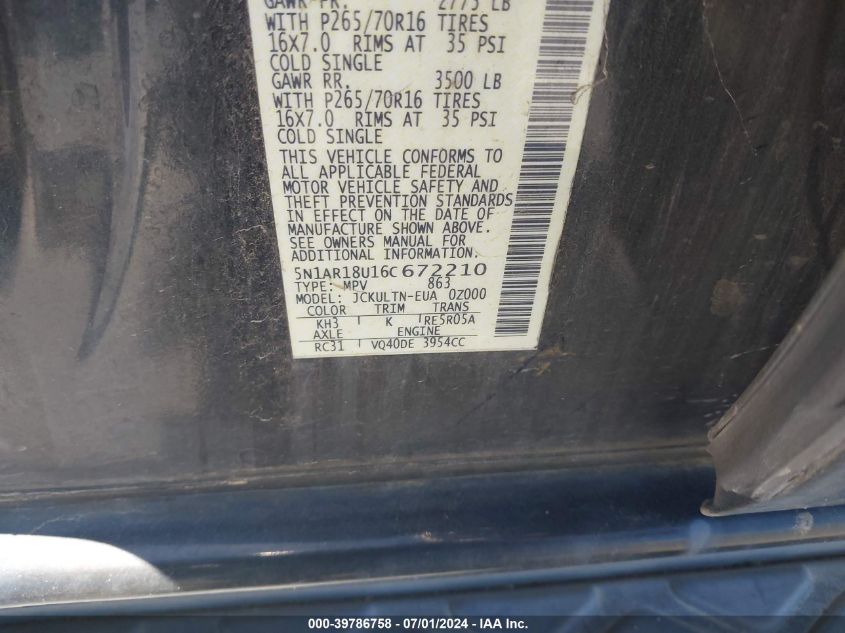 2006 Nissan Pathfinder Se VIN: 5N1AR18U16C672210 Lot: 39786758