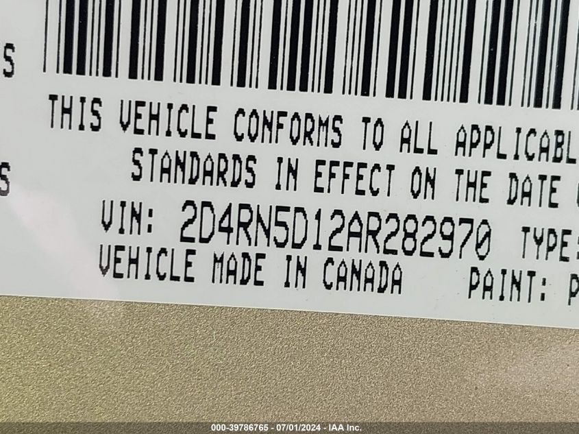 2010 Dodge Grand Caravan Sxt VIN: 2D4RN5D12AR282970 Lot: 39786765