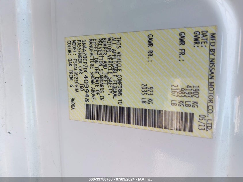 2013 NISSAN LEAF S/SV/SL - 1N4AZ0CP7DC409948