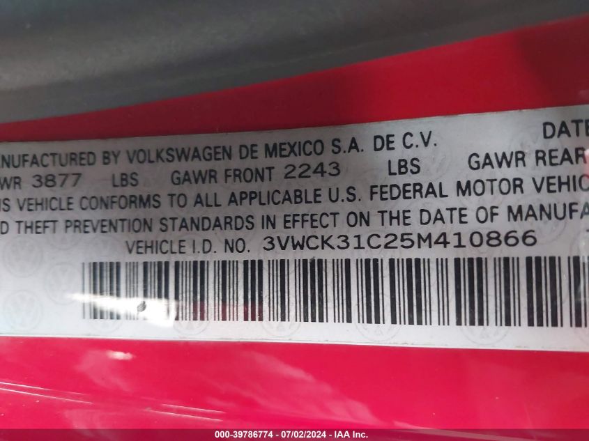 2005 Volkswagen New Beetle Gls VIN: 3VWCK31C25M410866 Lot: 39786774