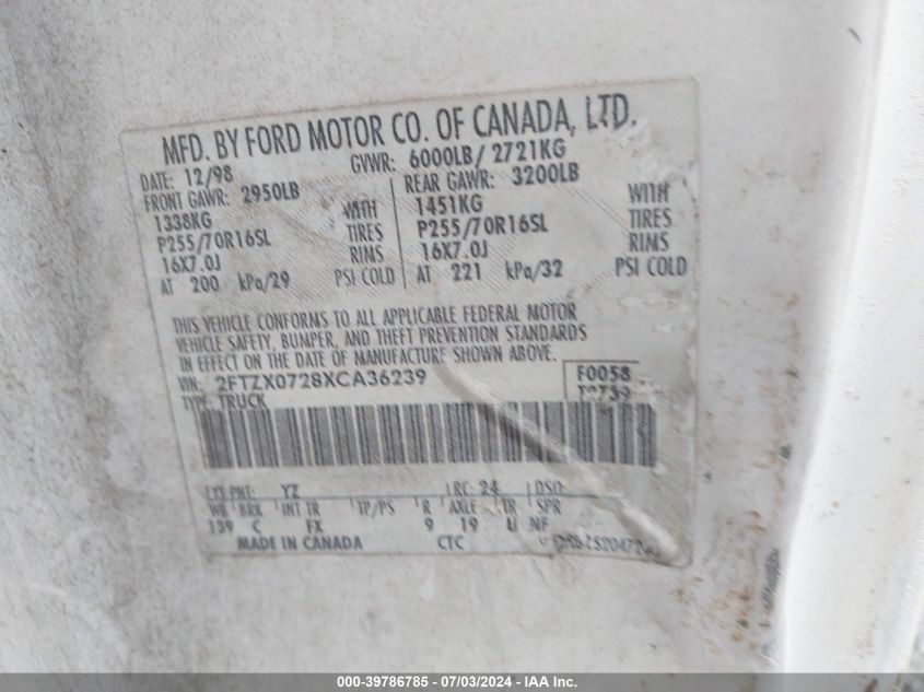 1999 Ford F150 VIN: 2FTZX0728XCA36239 Lot: 39786785