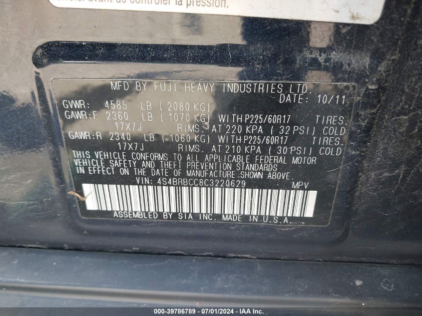 2012 Subaru Outback 2.5I Premium VIN: 4S4BRBCC8C3220629 Lot: 39786789