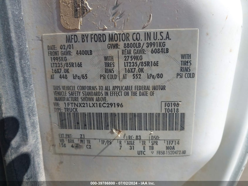 2001 Ford F250 Super Duty VIN: 1FTNX21LX1EC29196 Lot: 39786800