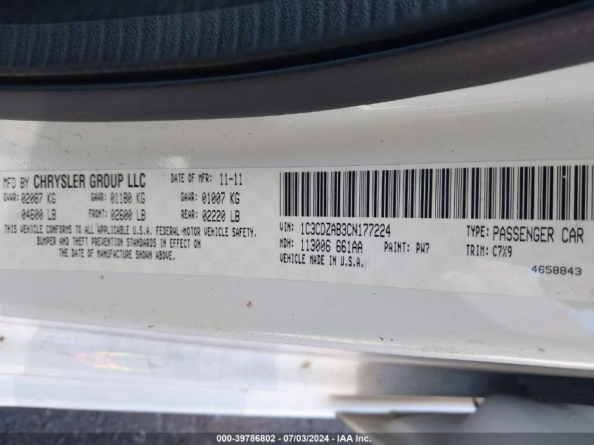 2012 Dodge Avenger Se VIN: 1C3CDZAB3CN177224 Lot: 39786802