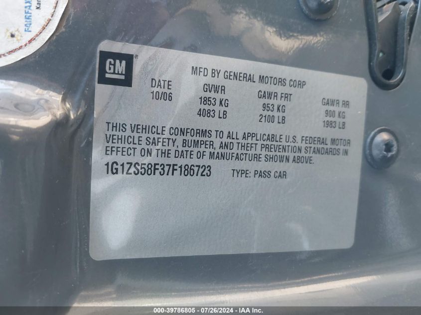 2007 Chevrolet Malibu Ls VIN: 1G1ZS58F37F186723 Lot: 39786805