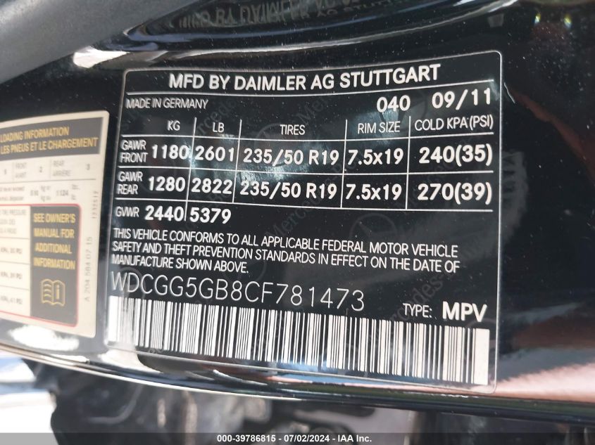 2012 Mercedes-Benz Glk 350 VIN: WDCGG5GB8CF781473 Lot: 39786815