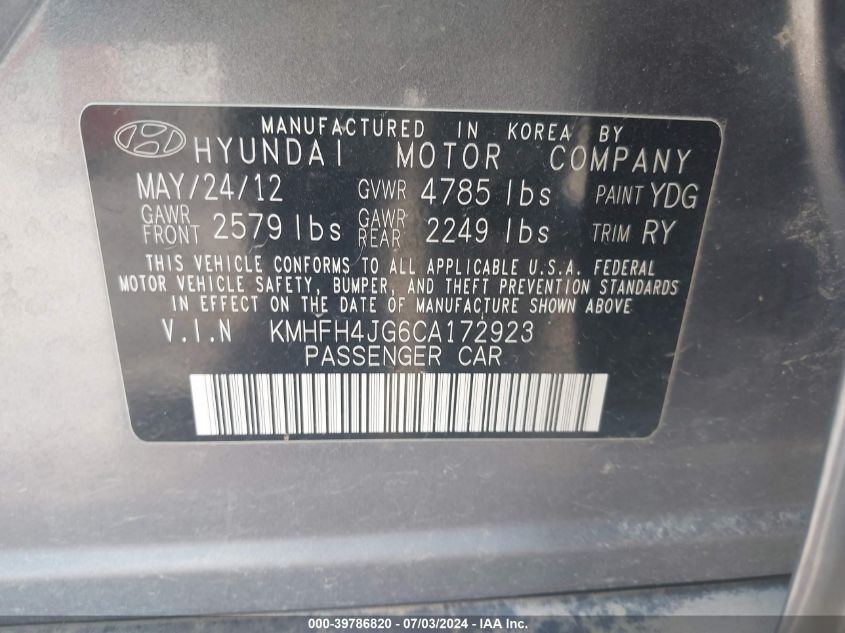 KMHFH4JG6CA172923 2012 Hyundai Azera