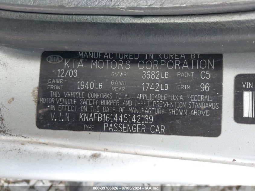 2004 Kia Spectra Gs/Gsx VIN: KNAFB161445142139 Lot: 39786826