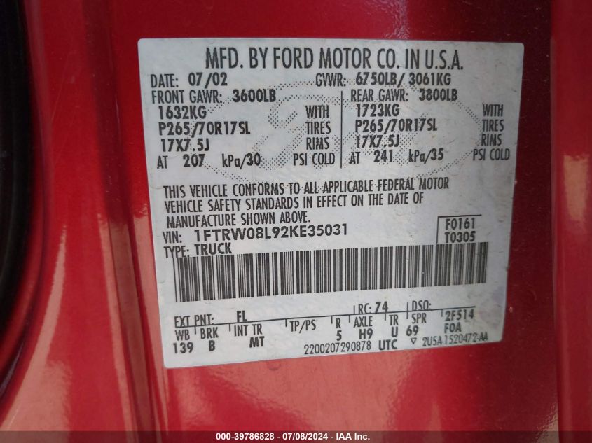 2002 Ford F-150 Lariat/Xlt VIN: 1FTRW08L92KE35031 Lot: 39786828
