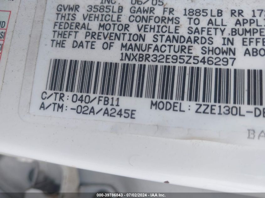 2005 Toyota Corolla Le VIN: 1NXBR32E95Z546297 Lot: 39786843