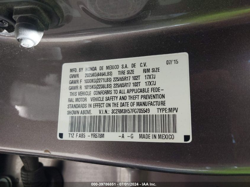 2015 Honda Cr-V Ex VIN: 3CZRM3H57FG705549 Lot: 39786851