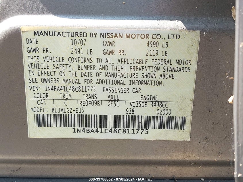 2008 Nissan Maxima 3.5 Sl VIN: 1N4BA41E48C811775 Lot: 39786852