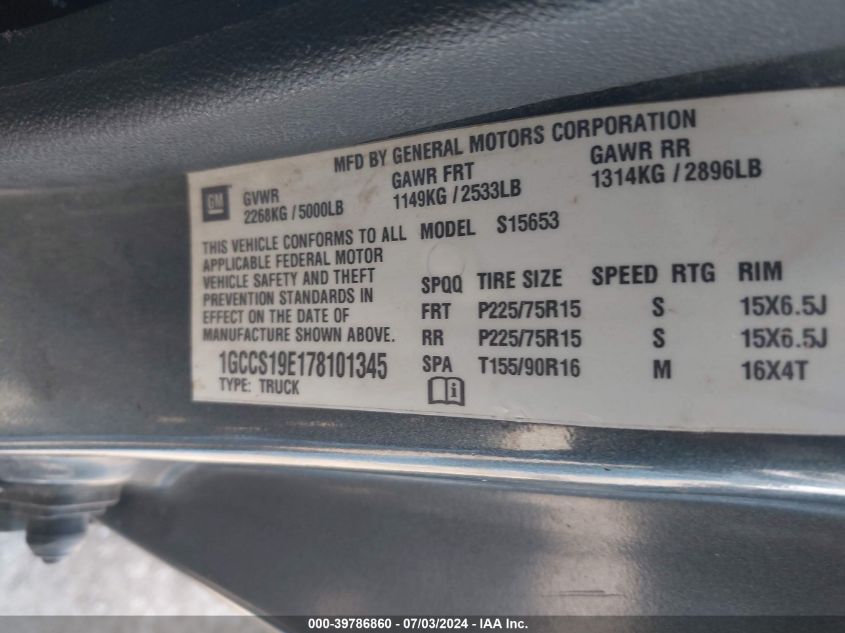 2007 Chevrolet Colorado Lt VIN: 1GCCS19E178101345 Lot: 39786860