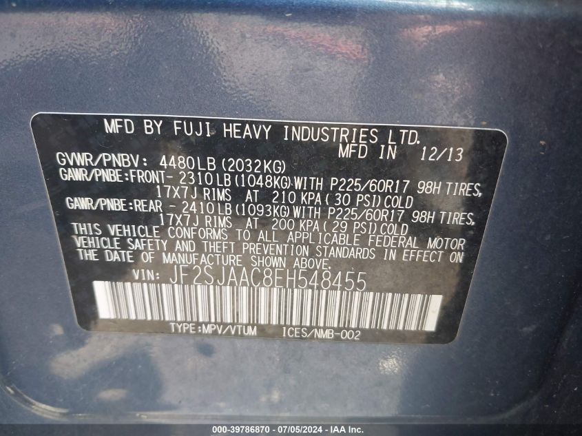 2014 Subaru Forester 2.5I VIN: JF2SJAAC8EH548455 Lot: 39786870