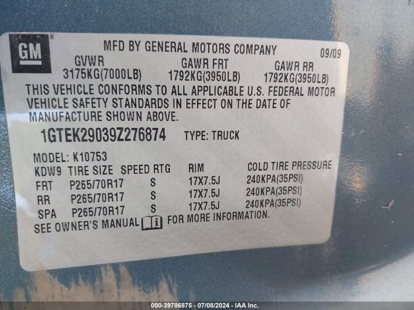2009 GMC Sierra 1500 K1500 Sle VIN: 1GTEK29039Z276874 Lot: 39786875