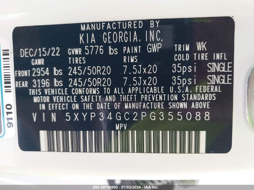 2023 Kia Telluride Ex VIN: 5XYP34GC2PG355088 Lot: 39786880