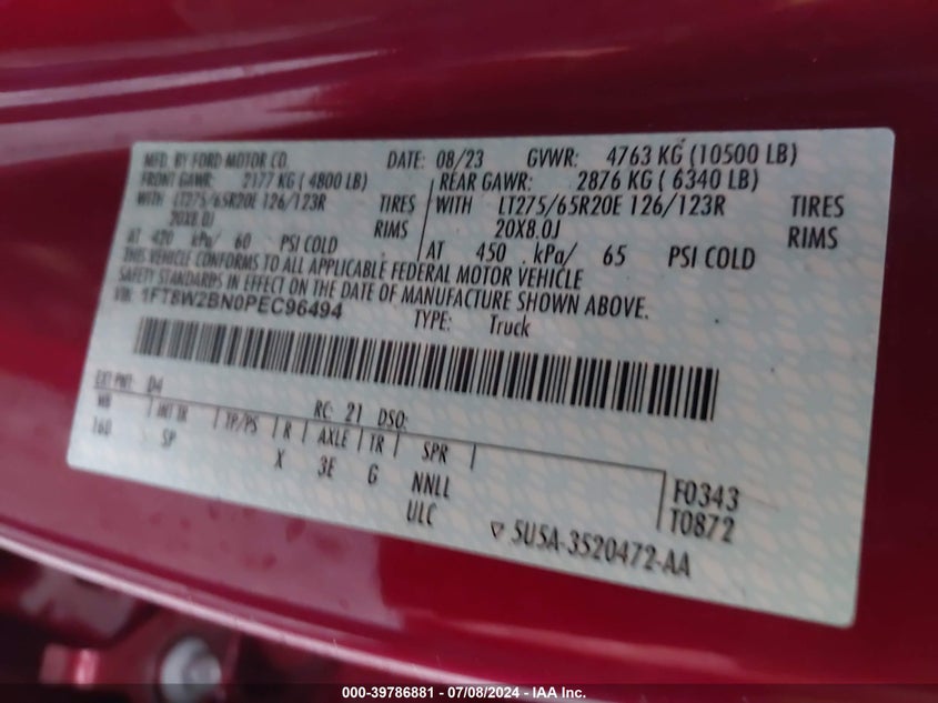 2023 Ford F250 Super Duty VIN: 1FT8W2BN0PEC96494 Lot: 39786881