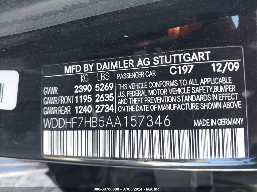 2010 Mercedes-Benz E 63 Amg VIN: WDDHF7HB5AA157346 Lot: 39786898