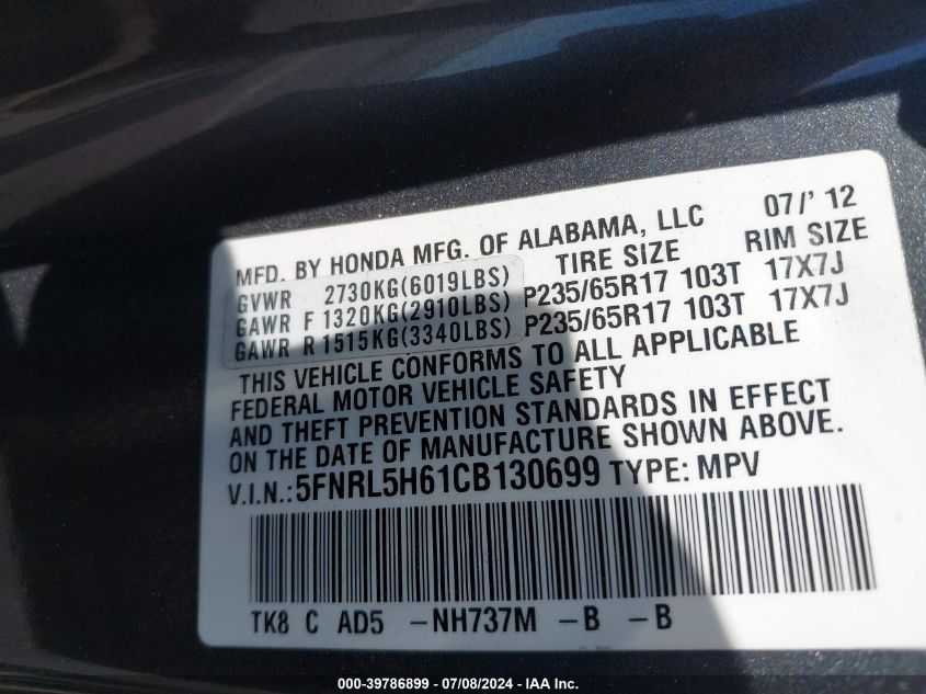 2012 Honda Odyssey Ex-L VIN: 5FNRL5H61CB130699 Lot: 39786899